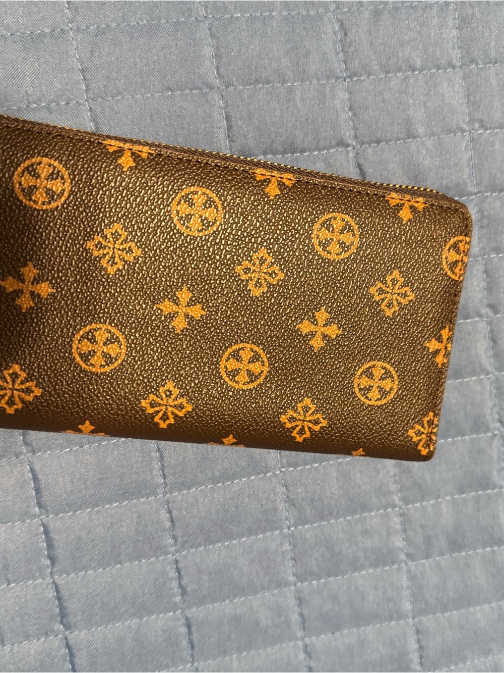 Brown Zip Wallet with Orange Accent